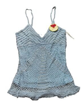 Y2K Light Blue Crochet Beaded Tank Top